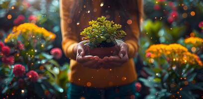 weiblich Hände halten ein eingetopft Pflanze im ein Garten mit verschwommen Hintergrund. Gartenarbeit Foto. Grün und lila Pflanzen. foto