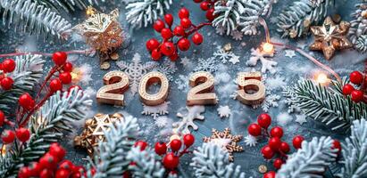 Gold 2025 Zahlen Neu Jahr Feierlichkeiten mit rot Einzelheiten, und Weihnachten Baum Geäst Hintergrund. selbstster, Sylvester Hintergrund foto