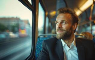 ein gut aussehend Mann im seine spät dreißiger Jahre sitzend durch das Bus Fenster. Reisen Mann auf das Bus. pendeln zu Arbeit durch Bus. foto