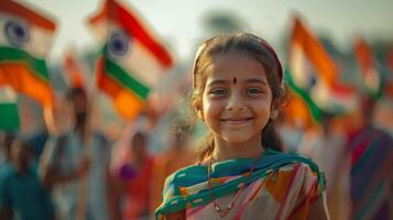 indisch Mädchen feiern indisch Unabhängigkeit Tag. Hintergrund von Menschenmassen winken indisch Flaggen. indisch Unabhängigkeit Tag Feier. foto