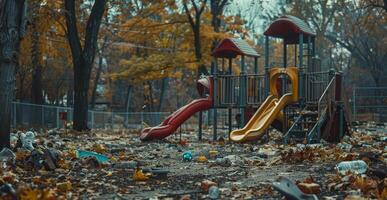 Spielplatz bedeckt im Tonnen von Wurf. das Problem von vernachlässigt Abfall Management. Verlassen ein Erbe von Müll zu Kinder. reflektieren auf das Zukunft von unser Planet. foto