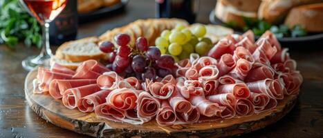 hölzern Tabelle bedeckt mit Essen und Wein foto