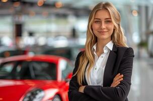 Frau Stehen im Vorderseite von rot Auto foto