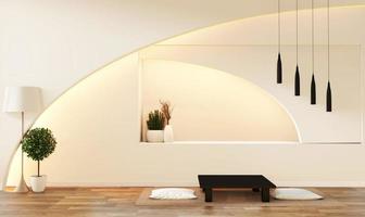 Modernes weißes Wohnzimmer im Zen-Stil. friedliches und ruhiges Wohnzimmer. Dekoration mit orientalischem Objekt und verstecktem Licht. 3D-Rendering foto