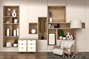 Holzschrank auf der Zimmerregalwand minimalistisch und japanisches Interieur des Zen-Wohnzimmers. 3D-Rendering foto