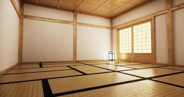 Innenarchitektur, modernes Wohnzimmer mit Tatami-Matte und traditioneller japanischer Tür am besten Fensterblick. 3D-Rendering foto