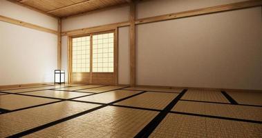 Innenarchitektur, modernes Wohnzimmer mit Tatami-Matte und traditioneller japanischer Tür am besten Fensterblick. 3D-Rendering foto