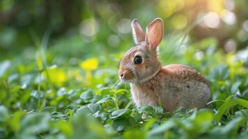 klein Hase Sitzung im Mitte von Feld foto