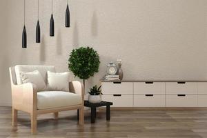 minimalistisches modernes Zen-Wohnzimmer mit Holzboden und Dekor im japanischen Stil. 3D-Rendering foto