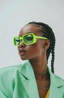 Frau tragen Neon- Grün Sonnenbrille und Grün Jacke foto