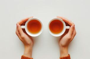 zwei Hände halten zwei Tassen von Tee foto