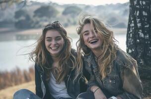 zwei schön jung Frauen Sitzung zusammen foto