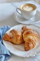 zwei Croissants auf ein Teller mit ein Tasse von Kaffee foto