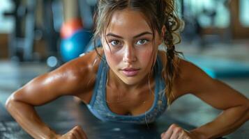 Frau tun drücken UPS im Fitnessstudio foto