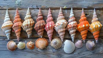 Gruppe von Meer Muscheln auf hölzern Tabelle foto