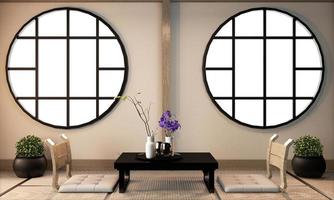 Ryokan-Wohnzimmer-Innenarchitektur auf Tatami-Mattenboden. 3D-Rendering foto