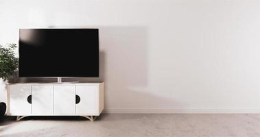 Smart TV führte auf Schrankdesign, minimaler Raum mock-up weißer Wandhintergrund. 3D-Rendering foto