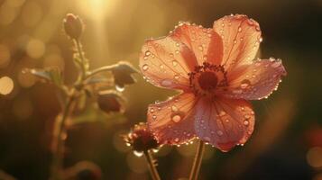 ein taubedeckt Blume gebadet im warm Hintergrundbeleuchtung bereit zu herzlich willkommen das Tag foto
