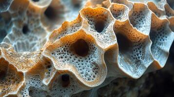 Nahansicht von ein holperig und Rau Stück von Koralle mit Taschen und Spalten zum Meer Kreaturen zu ausblenden im foto