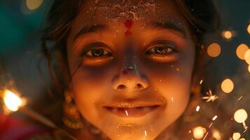 ein Kinder freudig Gesicht beleuchtet durch das Licht von Wunderkerzen und Feuerwerkskörper wie Sie beitreten im das Diwali Feierlichkeiten mit ihr Familie foto