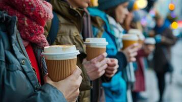 ein Linie von Menschen draußen ein Kaffee Geschäft nehmen ein dringend benötigt brechen von ihr schwarz Freitag Einkaufen Raserei und nippen auf ihr Rohrleitungen heiß Getränke foto