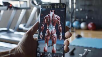 ein Bild von ein Fitness Tracker App mit ein 3d Modell- von das Benutzer Körper Hervorheben Muskel Gruppen Sein hat funktioniert während ein Stärke Ausbildung Session foto