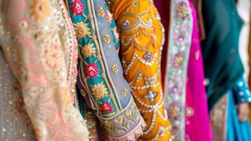 ein Nahansicht von traditionell indisch Kleidung mit kompliziert Stickerei und Muster getragen durch Familien während feiern Diwali foto
