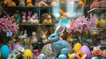 ein Anzeige von Osterthema Fenster Abziehbilder mit Hasen Küken und Ostern Eier im beschwingt Frühling Farben foto