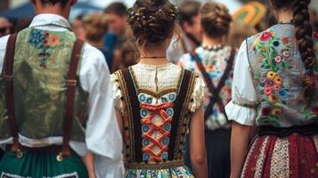 ein Gruppe von Menschen tragen Lederhosen und Dirndl geschmückt mit kompliziert Stickerei und traditionell Muster foto