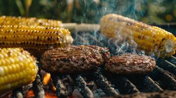 ein Nahansicht von ein Grill brutzelnd mit Hamburger und Mais auf das Cob das ikonisch Lebensmittel von 4 .. von Juli foto