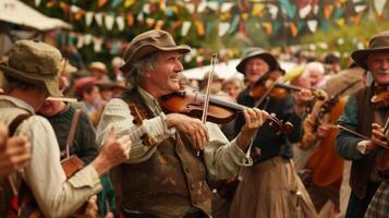 traditionell irisch Musik- ist gespielt mit Geigen und Zinn pfeift Füllung das Luft während Menschen tanzen und singen entlang foto