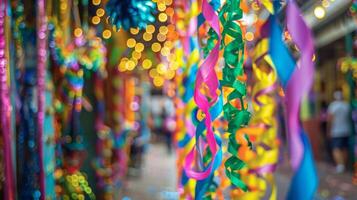 lokal Unternehmen ebenfalls erhalten in das Geist von Karneval dekorieren ihr Schaufenster mit bunt Luftschlangen und Banner Hinzufügen zu das beschwingt und festlich Ambiente foto