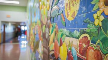 ein bunt Wandgemälde auf das Mauer von das Cafeteria abbilden das Reise von Essen von Bauernhof zu Tabelle mit Bilder von lokal Bauern Studenten und Nachhaltigkeit Praktiken Methoden Ausübungen eine solche wie Kompost foto