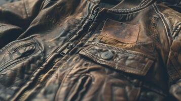 ein Jahrgang Leder Jacke mit ein gemacht im USA Etikett ein Testament zu das Langlebigkeit und Qualität von Jahrgang Kleidung und ein Erinnerung von das Negativ Umwelt Auswirkungen von schnell Mode foto