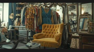 ein stilvoll und eklektisch Boutique Innere mit ein mischen von modern und Jahrgang Elemente einschließlich ein glatt Kleidung Gestell Anzeigen retro Overalls und ein Samt Sessel umgeben foto