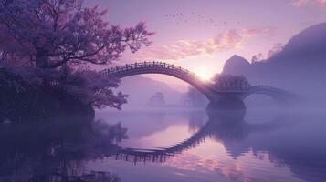 ein atemberaubend Aussicht von ein Brücke umhüllt im ein lilagetönt Himmel reflektieren es ist anmutig Kurven auf zu ein Ruhe Fluss unten foto