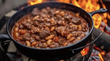 Bohnenkraut Bohnen und Brocken von zärtlich Rindfleisch köcheln lassen im ein dick und y Tomate Soße alle gekocht zu Perfektion Über das öffnen Flammen von ein Lagerfeuer. das perfekt Komfort Essen zum foto