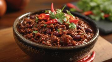 ein Schüssel gefüllt zu das Rand mit Chili con Carne überfüllt mit beschwingt rot Pfeffer Das haben gewesen gekocht zu Perfektion. Sein gewarnt diese Chili Packungen ein feurig punc foto