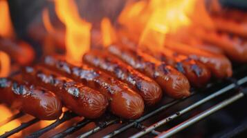 ein köstlich Anzeige von heiß Hunde brutzelnd auf ein Grill das Flammen brüllend wie Sie Koch zu Perfektion. ein klick Sommer- Klammer Das noch nie scheitert zu erfüllen foto