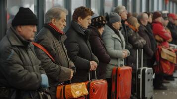 ein Linie von Menschen wartet besorgt wie ihr Taschen sind geklaut zum Spur Sprengstoff ein Routine Sicherheit messen zu dafür sorgen das Sicherheit von alle Passagiere foto