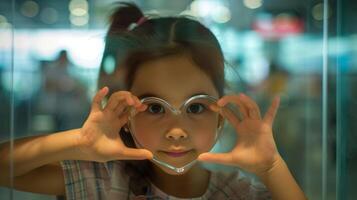 ein jung Mädchen Gleichaltrigen durch ein Glas Mauer mit ihr Hände zu erstellen ein Herz gestalten wie sie Uhren ihr Eltern verschwinden durch das Flughafen Sicherheit Linie. das dauerhaft Bild Ö foto