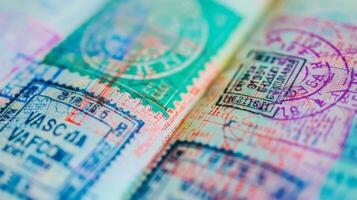 das Nahansicht Aussicht von ein Reisepass mit verschiedene bunt Briefmarken und Eintrag Visa Darstellen das viele Länder das Reisender hat hat besucht foto