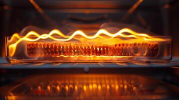 ein Nahansicht von ein Toaster Heizung Element glühend Orange und emittieren Wellen von Hitze foto