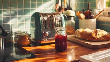 ein voll Aussicht von ein Toaster Stehen auf ein Küche Zähler Nächster zu ein Krug von Marmelade und ein Laib von Brot foto