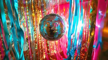hell farbig Luftschlangen Kaskade Nieder von ein Disko Ball Rahmen das Bühne zum ein lebhaft Neu Jahre Vorabend tanzen Party foto