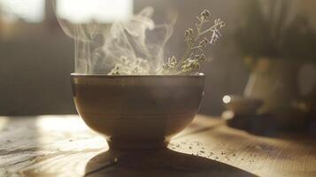 ein einsam Tee Tasse gefüllt mit dämpfen Kräuter- Infusion reflektieren das beruhigend und stärkend Eigenschaften von einheimisch amerikanisch Heilung Pflanzen und ihr Verbindung zu Spiritualität foto