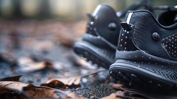ein Nahansicht von ein Paar von Clever Schuhe offenbart winzig Sensoren und Mikrochips eingebettet im das Sohlen zulassen zum präzise Verfolgung von Schritte Entfernung und Kalorien verbrannt. diese Schuh foto