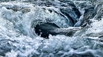 das still Oberfläche von das Fluss ist umgewandelt in ein rasend Sog durch das mächtig Whirlpool foto