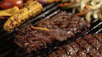 Steaks und Mais auf das Cob Kochen auf ein Grill, brutzelnd und verkohlen wie Sie erhalten bereit zu Sein genossen foto