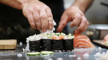 ein Person ist geschickt vorbereiten Sushi auf ein hölzern Tisch, vorsichtig arrangieren Reis, Fisch, und Seetang zu erstellen köstlich Rollen foto